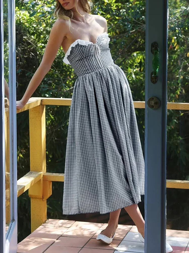 

GypsyLady French Chic Plaid Maxi Dresse Blue Black Strappy Elastic Backless Sexy Summer Women Vocation Casual Loose Ladies Dress