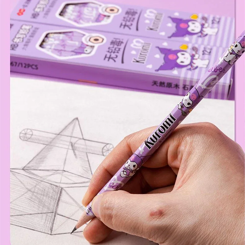 Sanrio 12pcs/set Kuromi Pencil Wooden Hexagonal Writing Pencils Student Creative Writing Pencil School Student Stationery