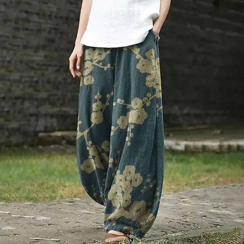 Japanese Waves Inspired Pattern Linen Blend Casual Pants Harajuku Lantern Trousers Women's Boho Wide Leg Pants Punk Streetwear