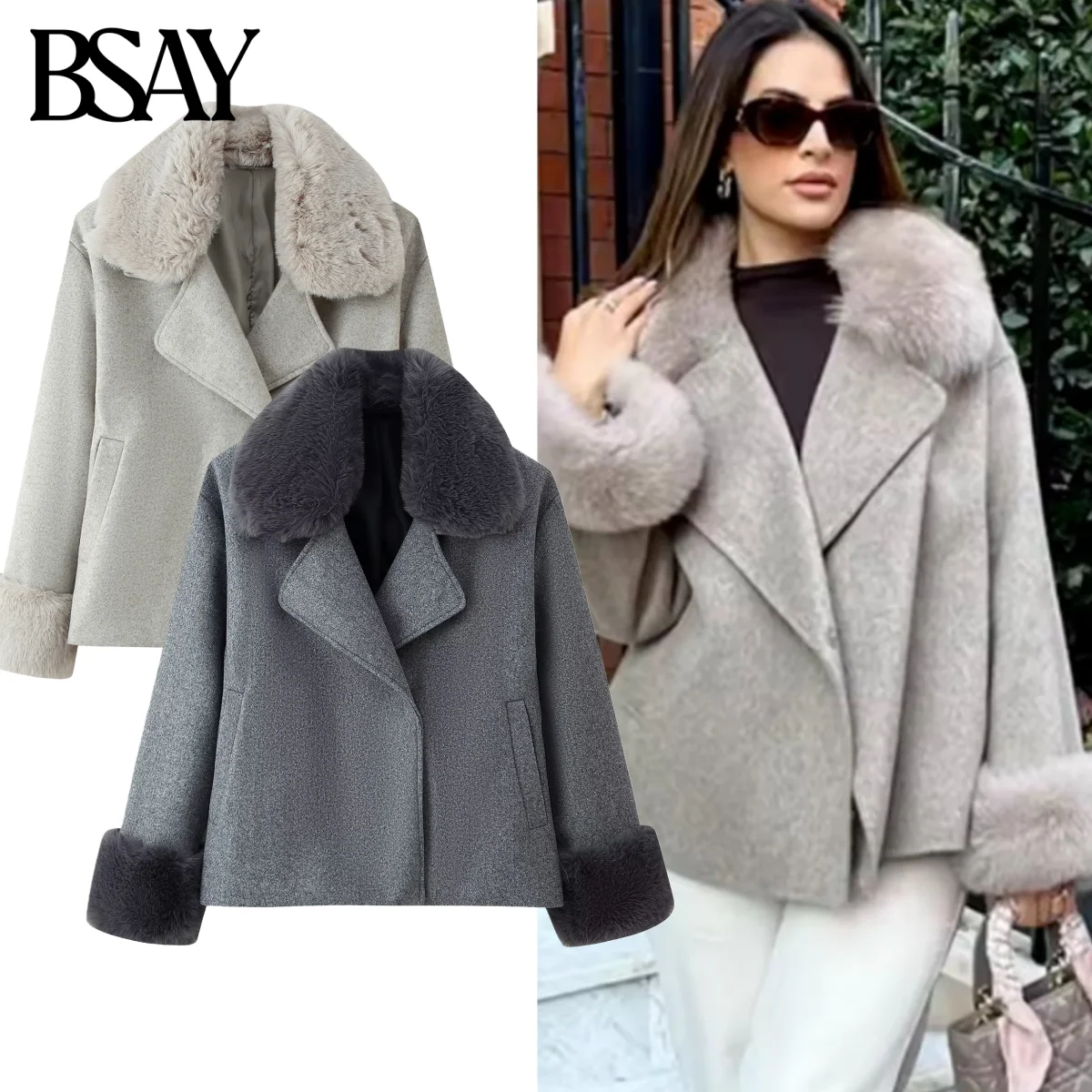 BSAY ファーカラー ウール ショートコート レディース ファッション 秋冬新作 2025 無地 長袖 ラペルコート ジャケット 女性用