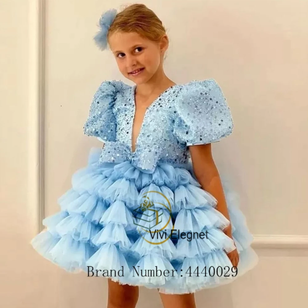 Deep V Neck Flower Girl Dresses for Women Sequined Short Sleeve Wedding Party Gowns Tiered Bow فساتين اطفال للعيد 2023 Summer