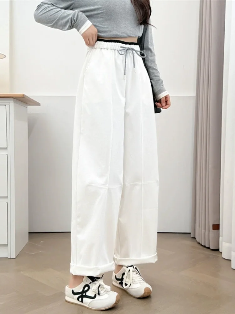 Elastic Patchwork Drawstring Pants Women's Casual Fashion Wide Leg Pantalones Lace-Up Straight Spliced Loose Trousers Spodnie