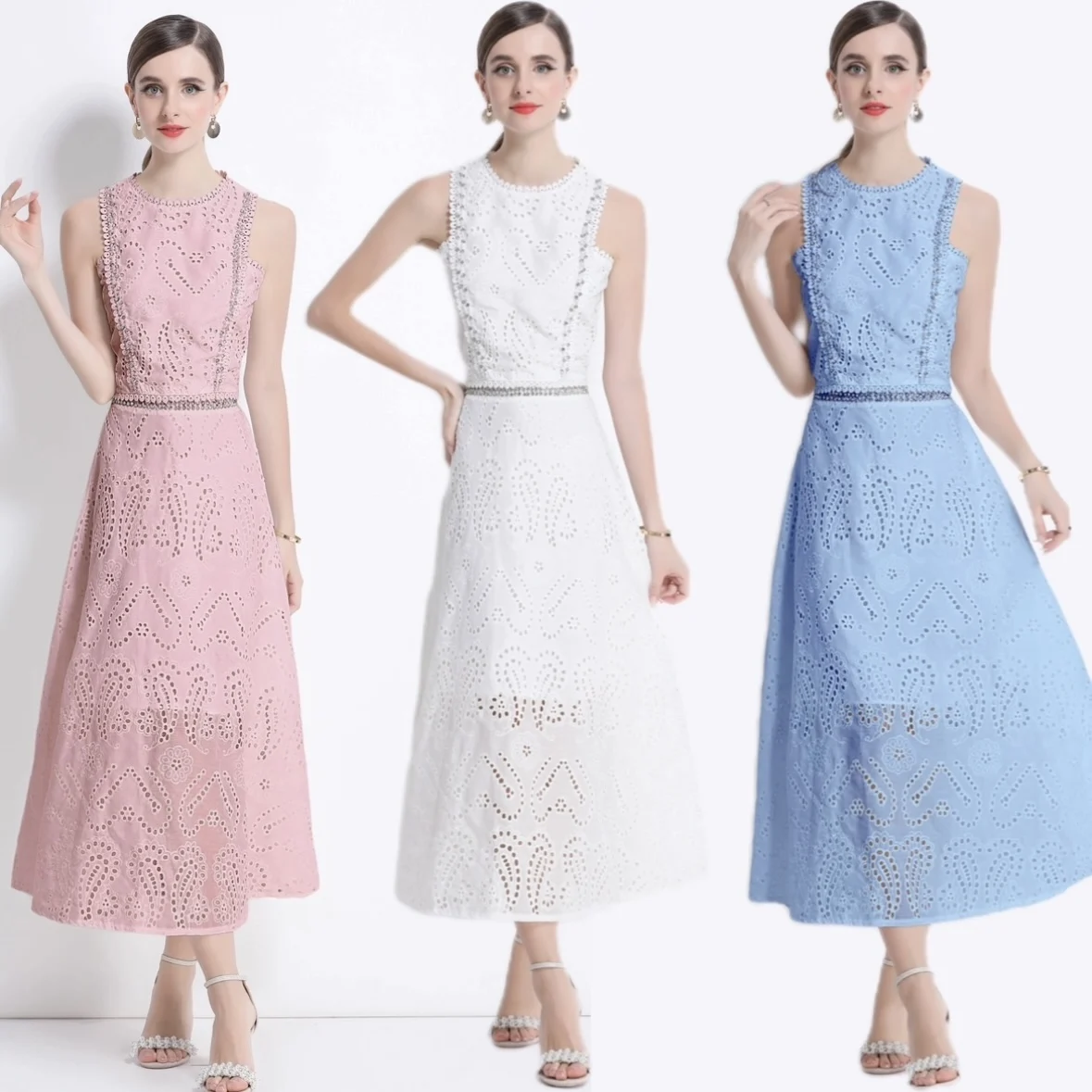 

Летний праздничный комплект из двух предметов с вышивкой для женщин, укороченные топы без рукавов с эластичной резинкой на талии, однотонные длинные юбки, женские новые комплекты