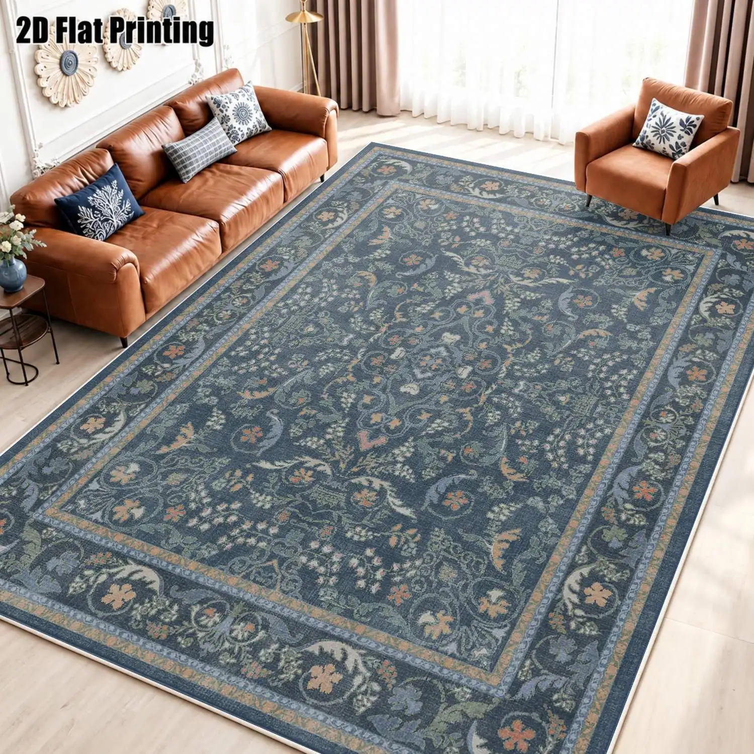 1Pc 2D Printed Blue-Grey Floral Velvet Carpet, European Retro Bohemian Style, Multi-Size Machine Washable, Home Decor for Entrance/Dining/Bedroom/Study/Living Room