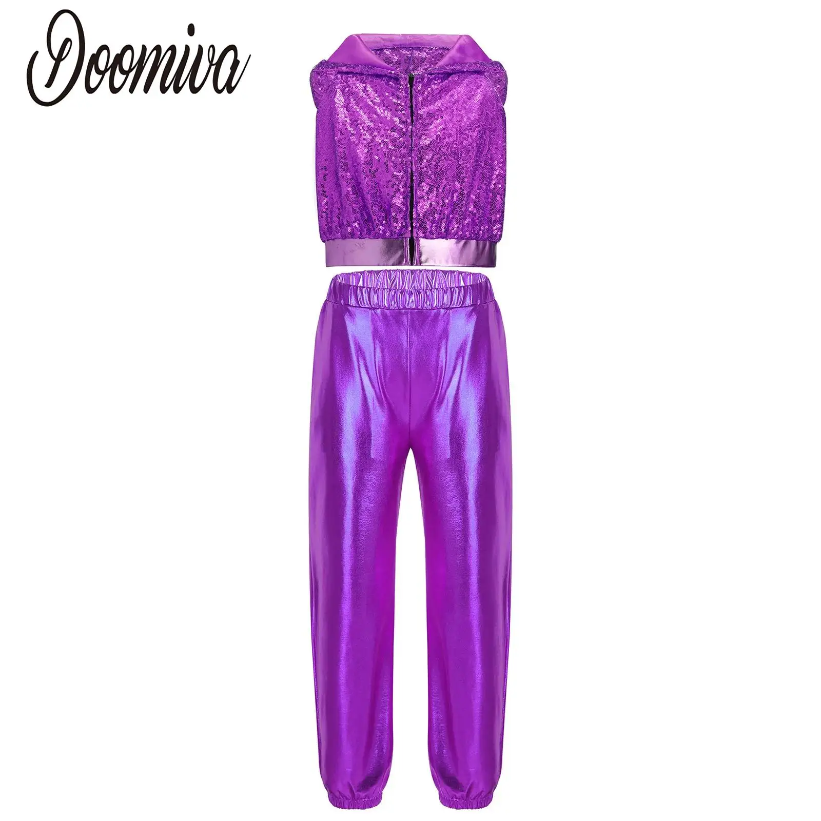 أطفال بنات الهيب هوب ملابس رقص الجاز الشارع ملابس الرقص الحديثة بلا أكمام سباركلي الترتر مقنعين المحاصيل مع السراويل المعدنية