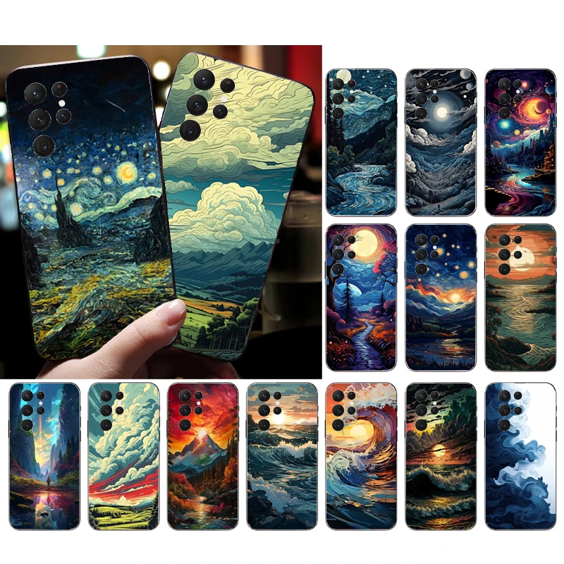 Moon Wave Cloud River Mountain Sceneary Phone Case For S24 S23 S22 S21 S20 Ultra S20 S22 S21 S23 S20 FE S24 Plus