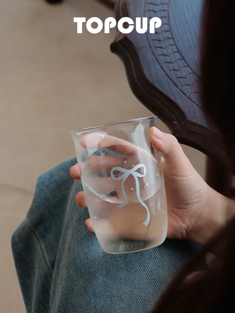 Cute Bow Star Print Clear Glass Cup, Simple Transparent Water Mug, Large Capacity Beverage Cup for Home Office Daily Use