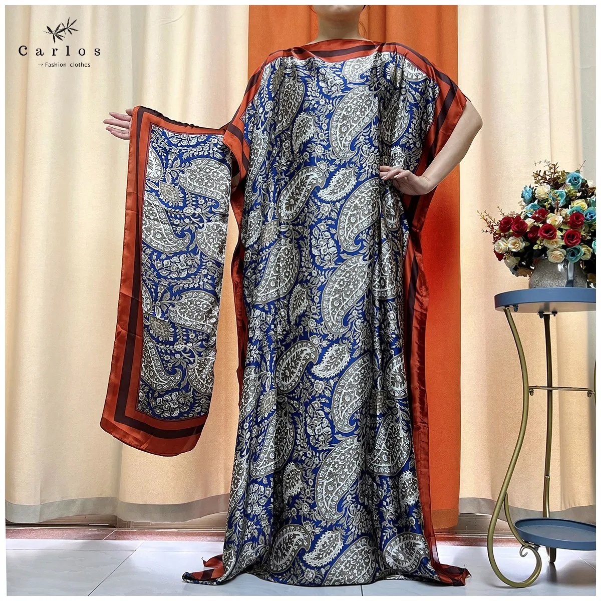 Hot Selling Silk Oversize African Women Clothing 2 Pieces Dubai Dashiki Abaya Free Size Print Design With Scarf Loose Long Dress