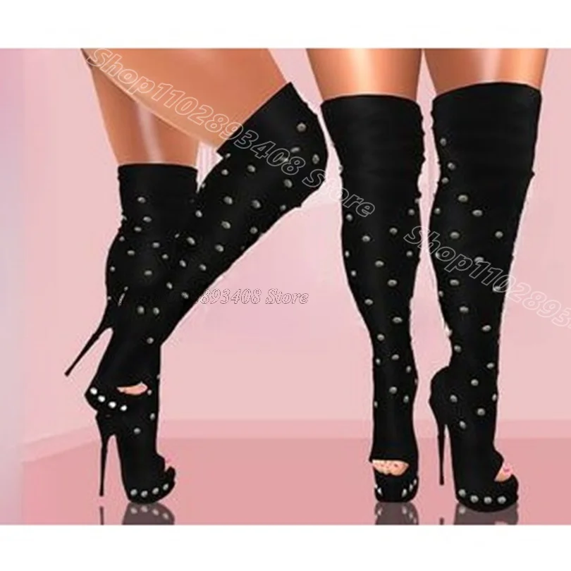 

Black Rivet Decor Platform Boots Open Toe Stylish Flock Fall Design for Women British Style Over Knee Boots Zapatos Para Mujere