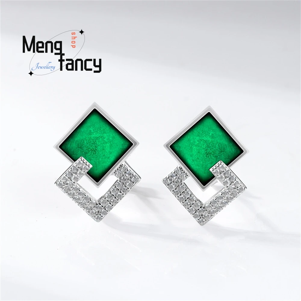 

S925 Silver Inlaid With Natural Emerald A Goods Jade Ink Jade Earrings Jade Fashion Women's High-End Earrings Luxury Jewelry