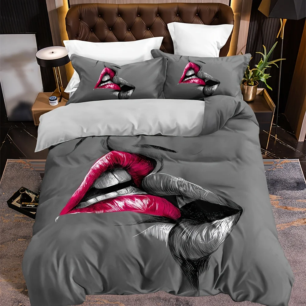 

3pcs Crimson Kiss Sketch Couple Bedding Duvet Cover Set with 2pcs Pillowcase (1pc Duvet Cover, No Pillow Core)