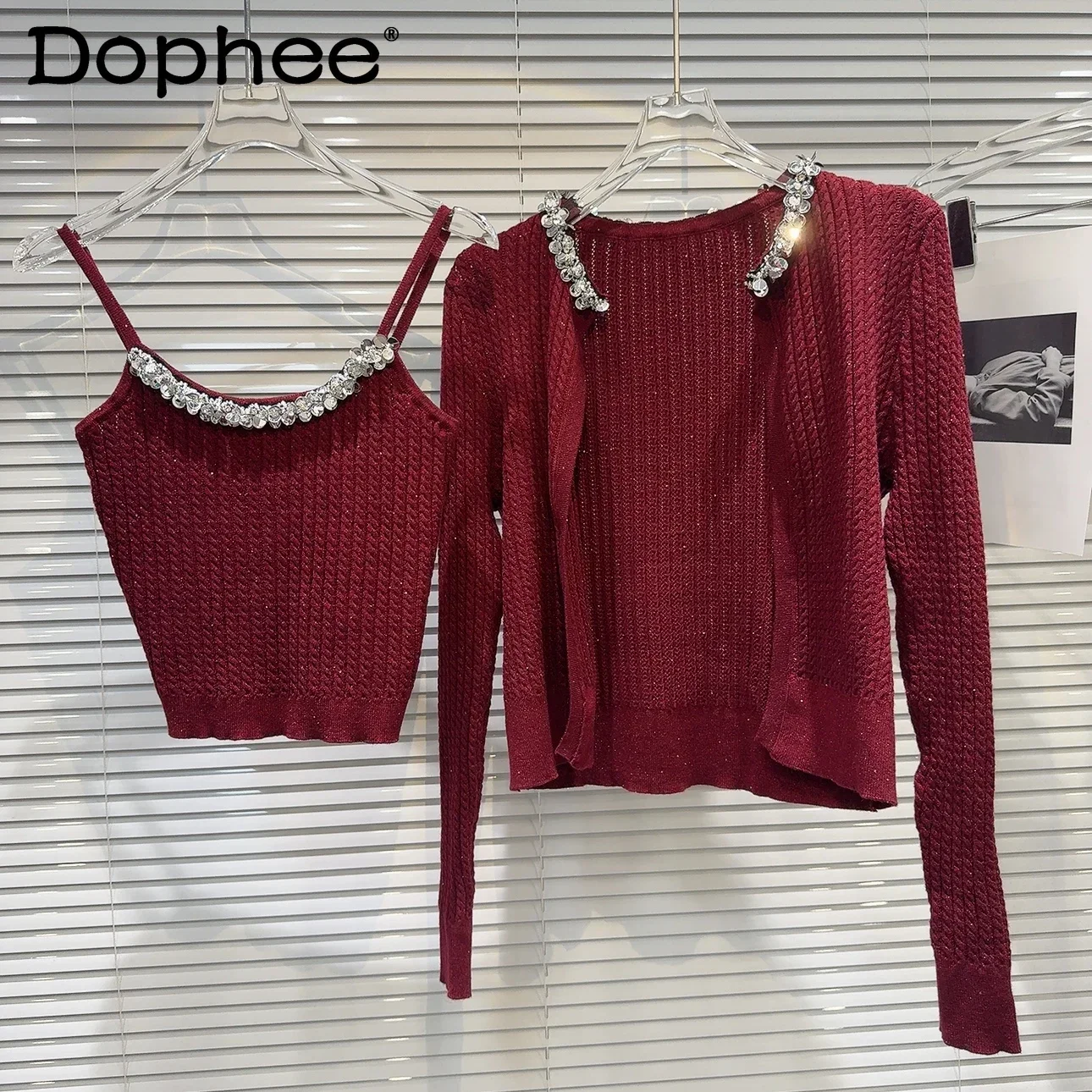 2024 Autumn New Silver Sequin Tank Tops + Knitted Jacket Two-piece Sets Womens Outfits Sweet Knitted Cardigan Crop Top