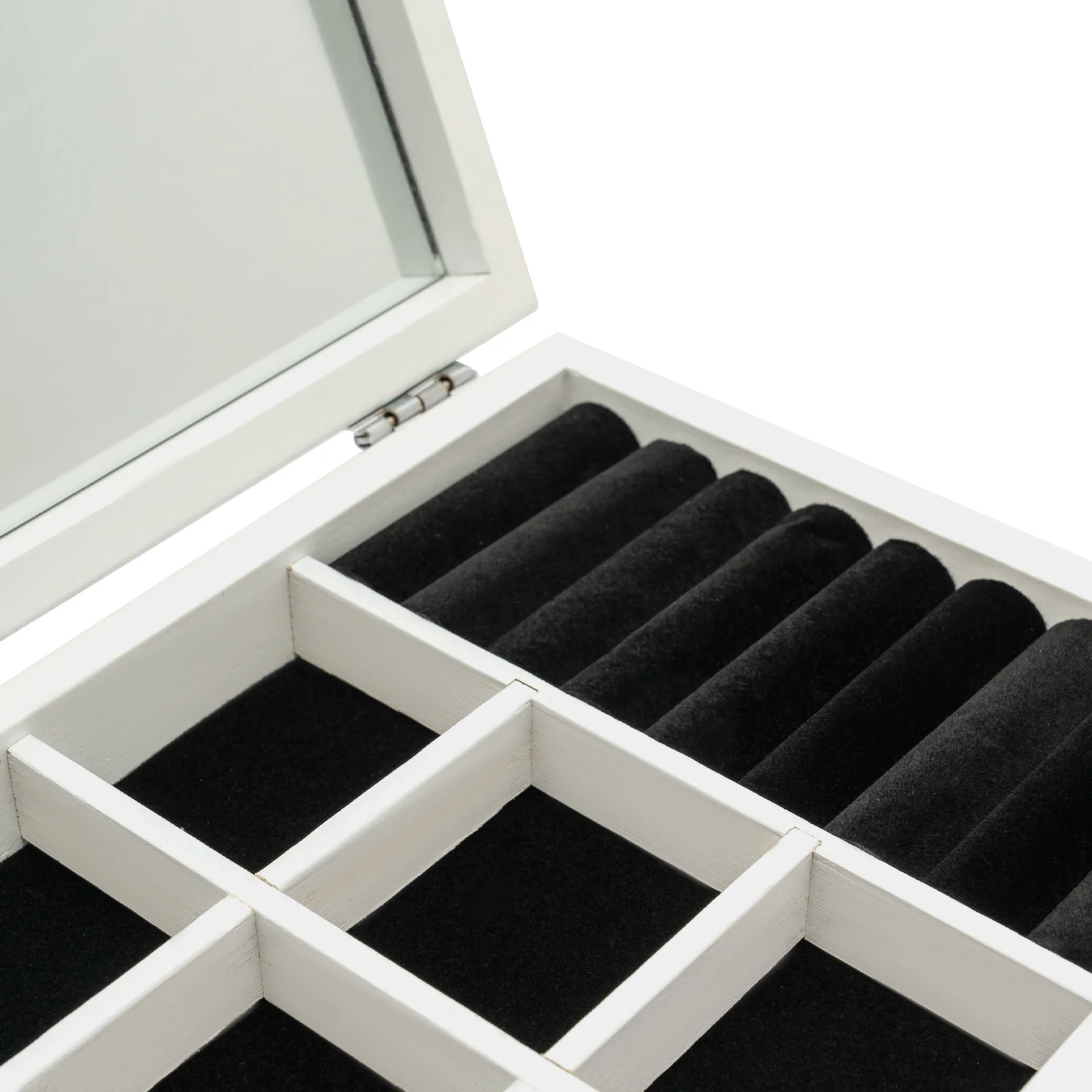 6-Schichtige Schmuck-Aufbewahrungsbox mit Spiegel, Kleeblatt-Gravur, Schmuck-Organizer, Weiß, Vintage-Stil, Aufbewahrungsbox für Ohrringe und Ringe – Detail 10