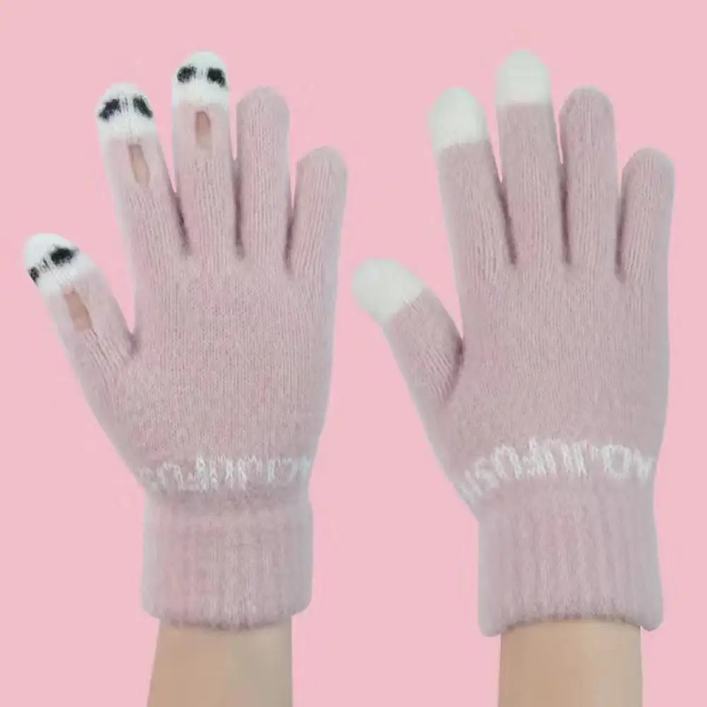 Students Gloves Winter Gloves Resistant Knit Funny Cartoon Face Color Matching Full Fingers Anti slip Unisex