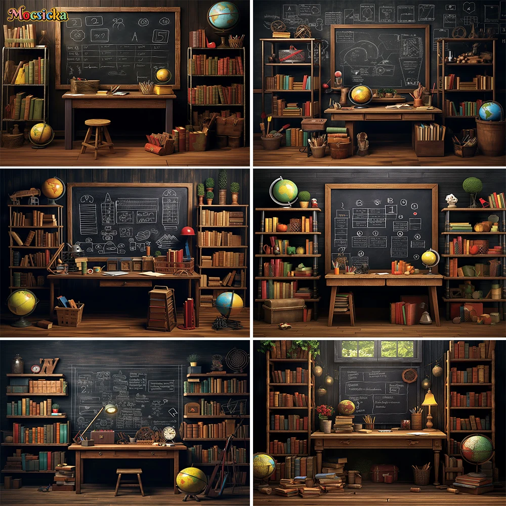 

Back to School Background Classroom Students Graduation Party Backdrop Blackboard Bookshelf Decoration Photography Photo Studio