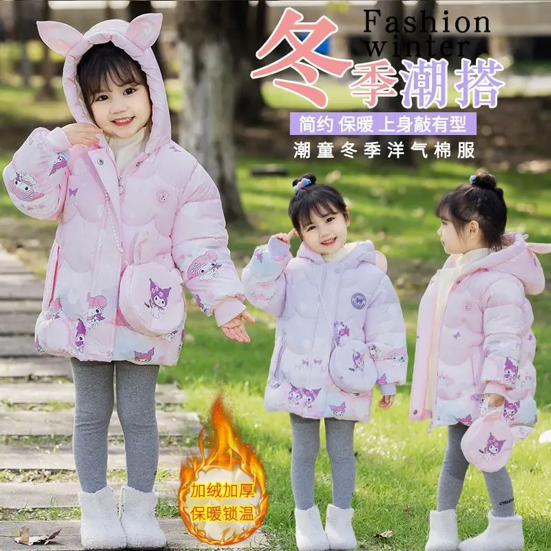 Kawaii Kuromi Kids Jacket Anime Sanrios Girl Winter Gradient Fashion Cute Glowing Icon Warm Hooded Thick Long-Style Down Jacket