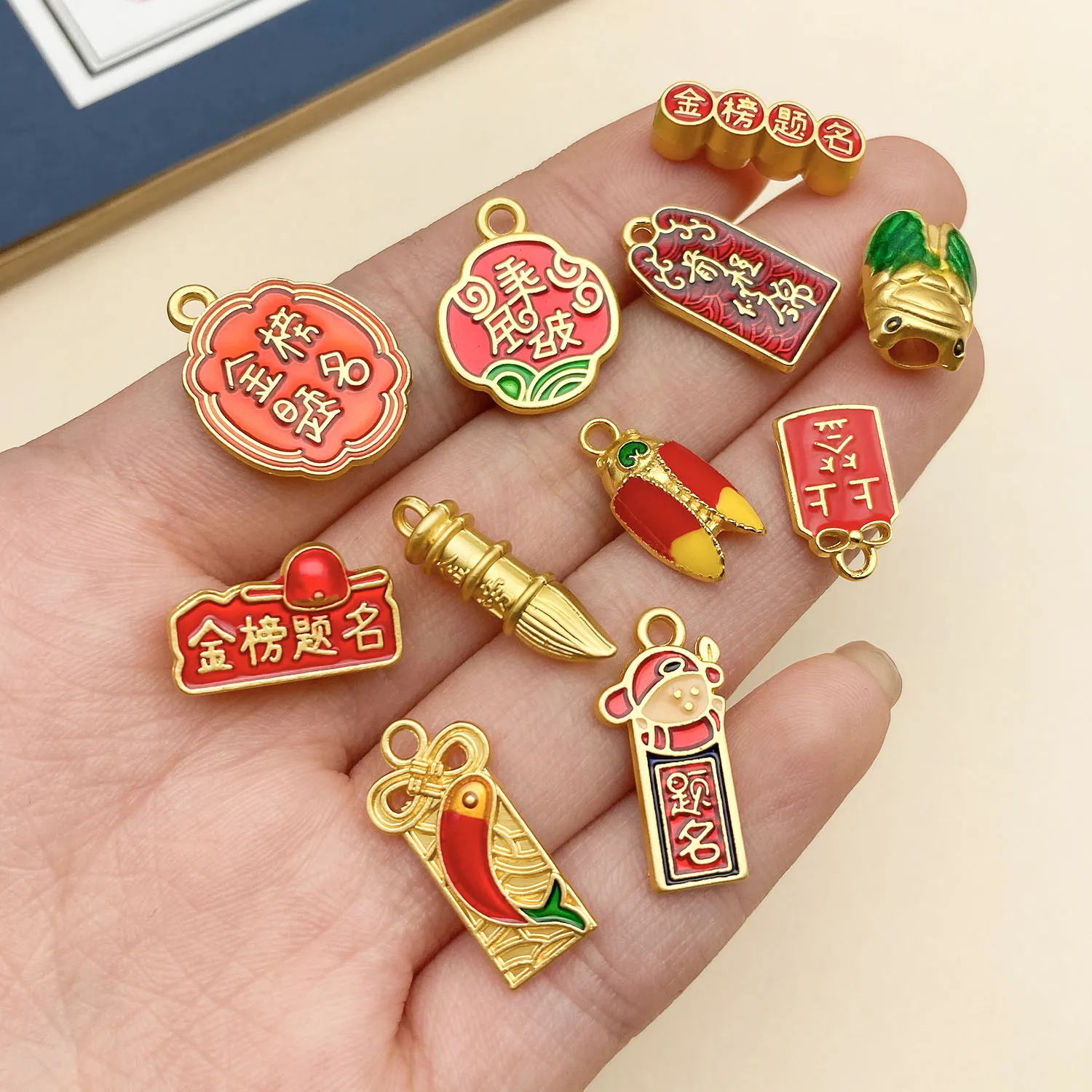 10/15pcs Chinese Style National Tide New Year Ancient Method Golden Blessing Auspicious Charms Pendants DIY String Accessories