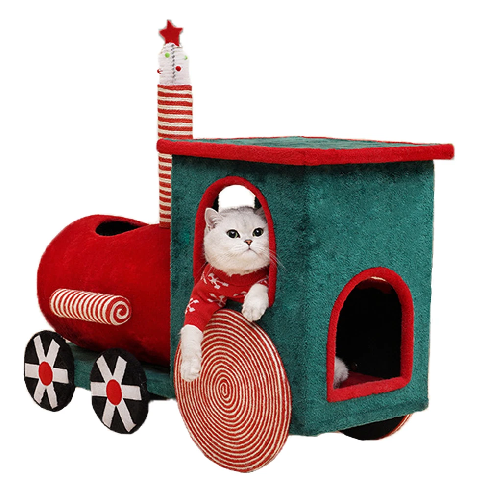 

2021 New Hoopet Multifunctional Christmas Decoration Train Cat House Scratcher Tree