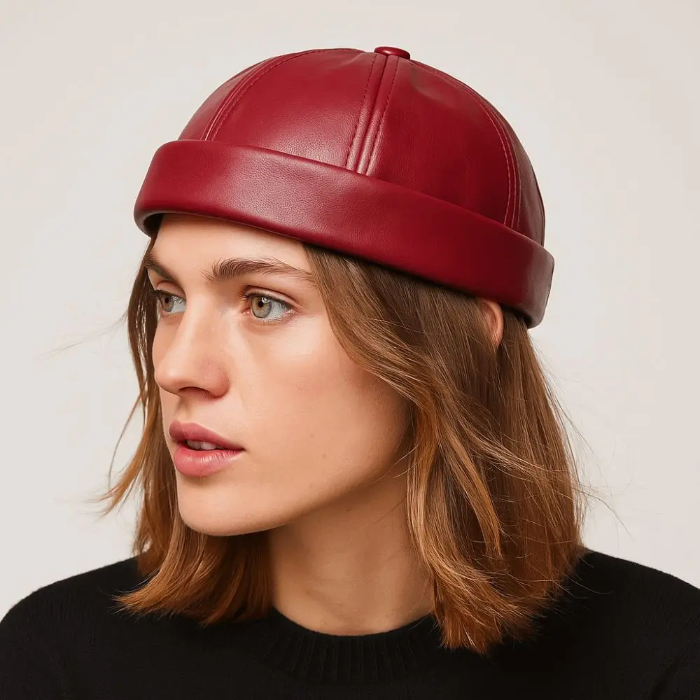 

Trendy Retro Brimless Hat PU Leather Adjustable Landlord Hat Solid Color Melon Skin Caps Unisex