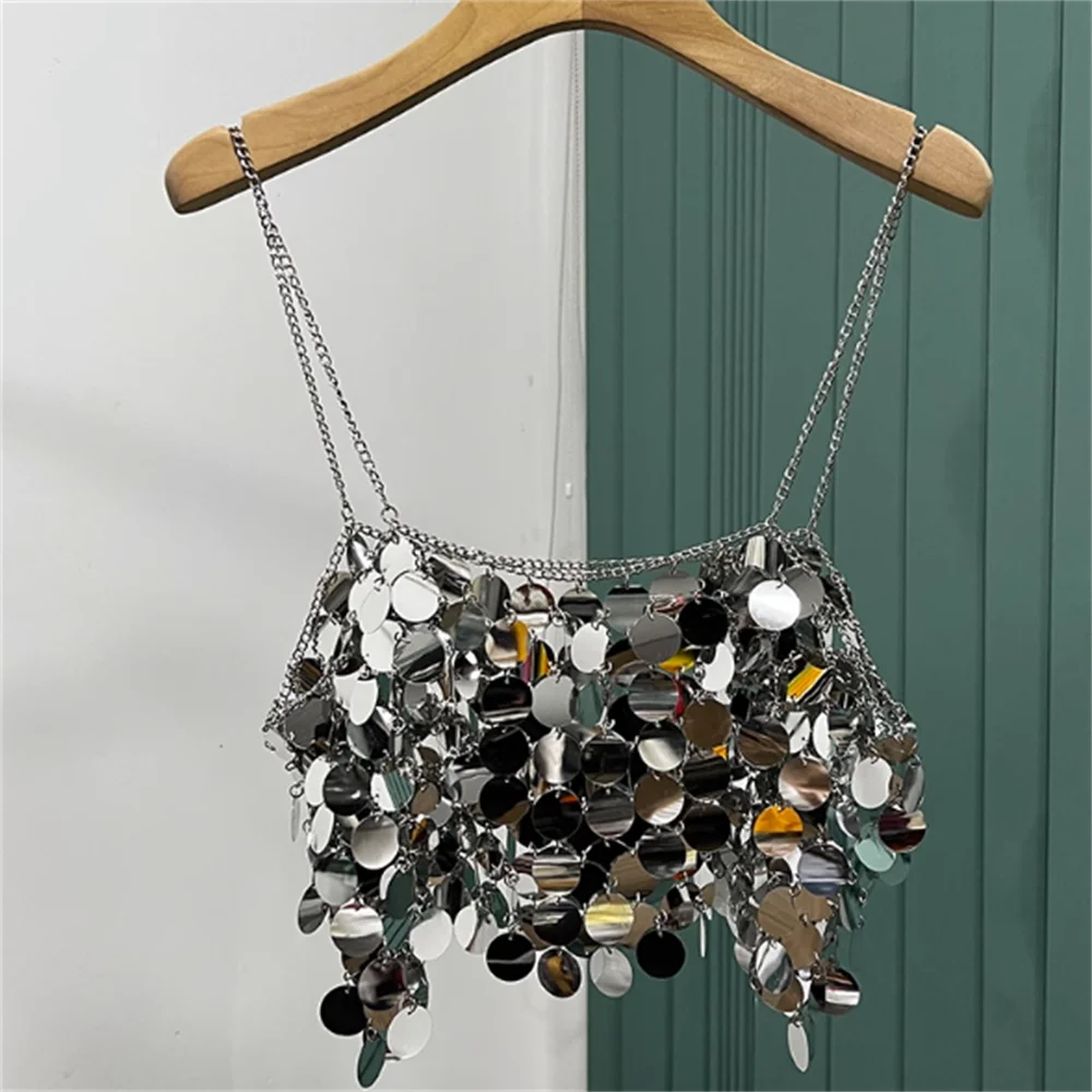 

spring summer 2023 fashion Spice Girls sexy design silver vest Strap Sequined Sling Backless Temperament Camisole Women