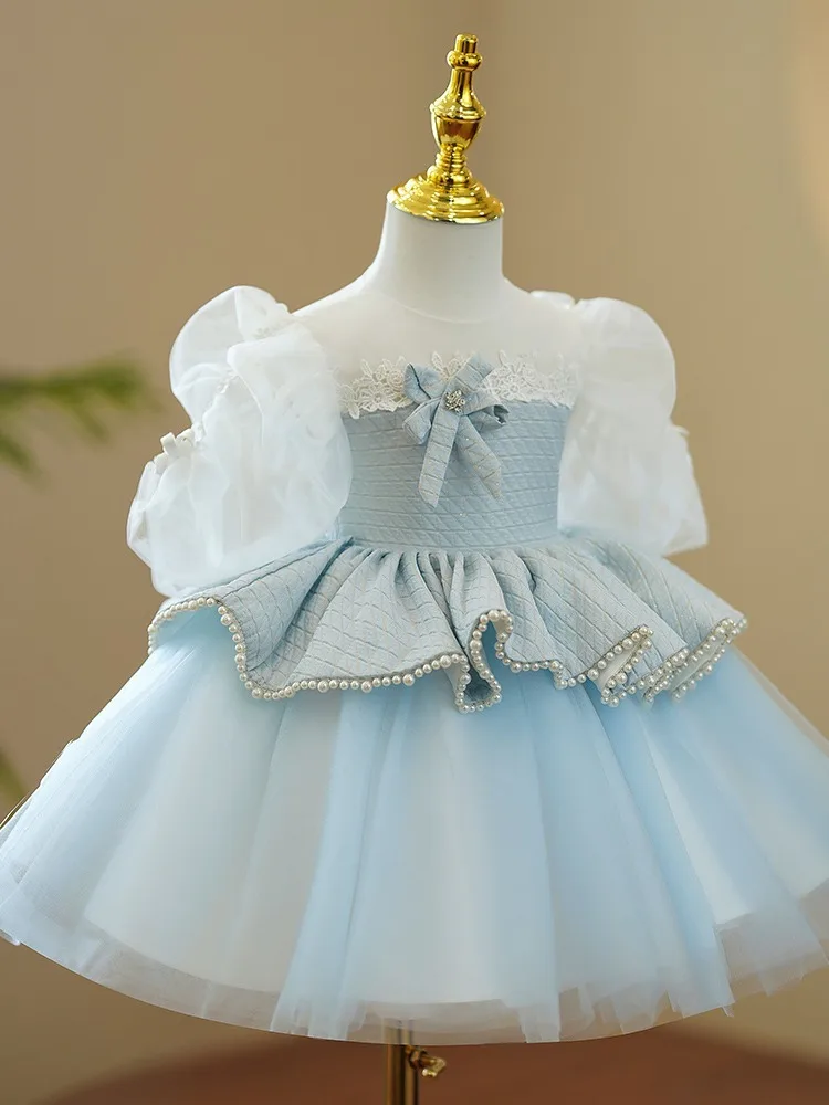 Robe d'anniversaire bleu ciel pour bébé fille, robe de baptême, col transparent, couches de tulle, perles, robes de Noël gonflées, nouveau