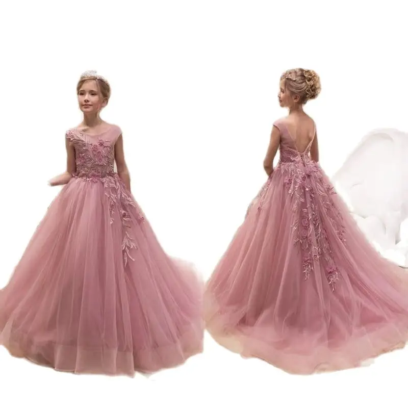 New Flower Girl Dresses Blush Pink First Communion Gowns For Girls Ball Gown Cloud Beaded Pageant Gowns Vestido De Daminha