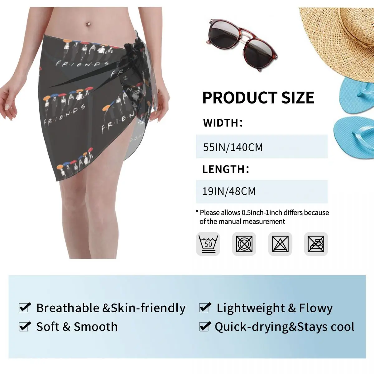 Personalizado Classic Friends TV Show Pareos cortos Traje de baño Cubrir Estampado Bikini Wrap Sheer Sarong Beach Wrap