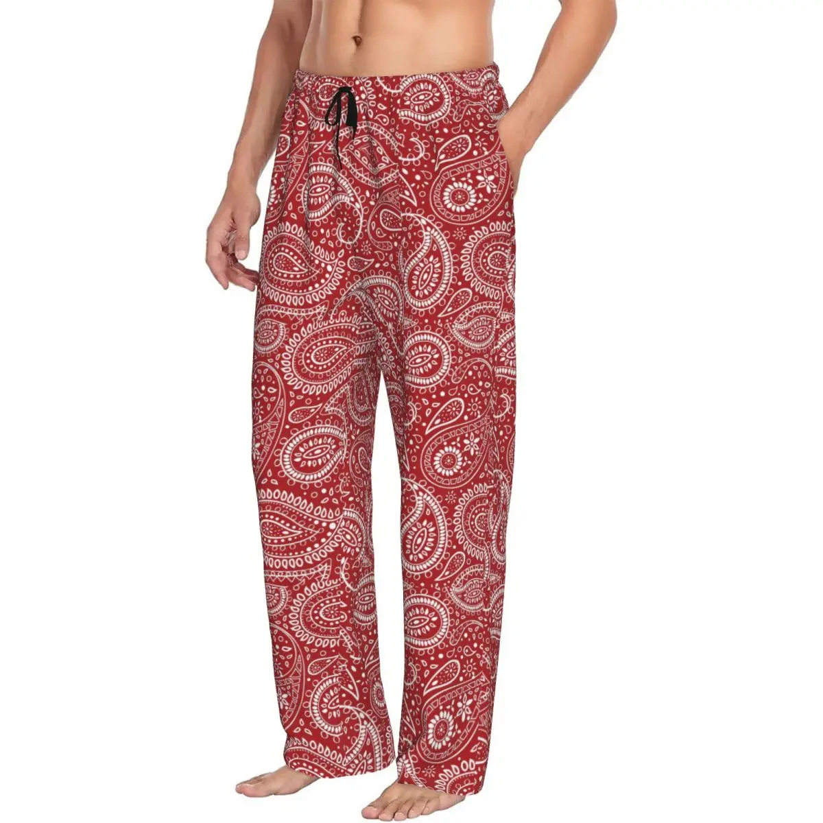 Custom Red And White Pretty Paisley Pajama Pants Men Boho Bohemian Floral Lounge Sleep Stretch Sleepwear Bottoms with Pockets