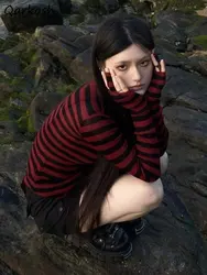 Red Striped Pullovers Gothic Y2k Clothes Emo Girls Long Sleeve Asymmetrical Harajuku Slim Kawaii Retro Pull Femme Sweaters Chic