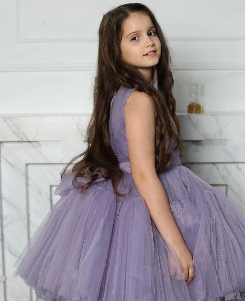 Fashion Lavender Girls Dress O-Neck Tutu Outfit Baby Girl Birthday Party Dresses Tulle Short Dance Dress Robe de Bal