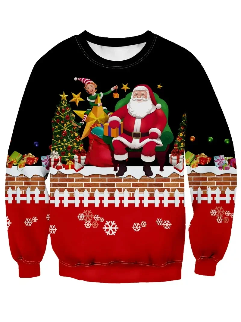 Men's Crew Neck Pullover Sweatshirt Trendy Design Full Print Merry Christmas Santa Claus Graphic Jumper Sweatshirts For Men