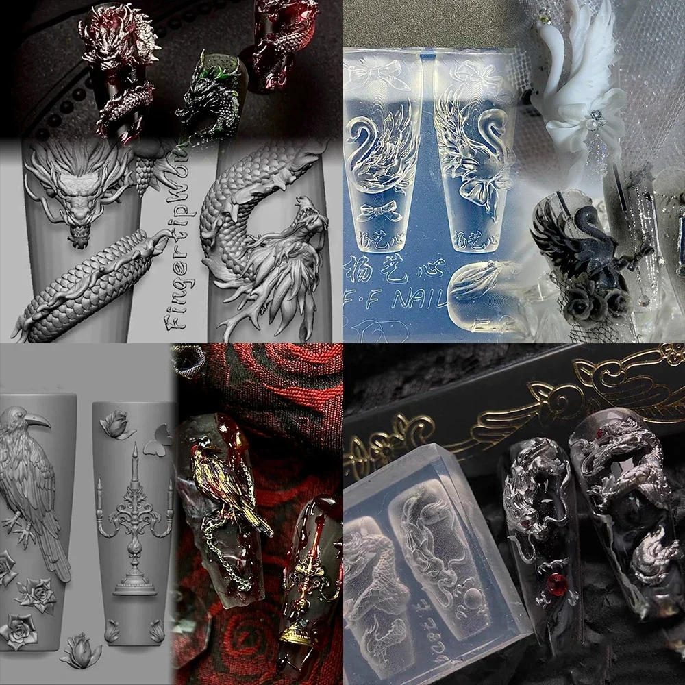 Diy Animals Dragon Snake Spider Silicone Nail Art Templates Mold Raven Swan Pigeon 3D Acrylic Carving Nail Mold Nail Art Charm