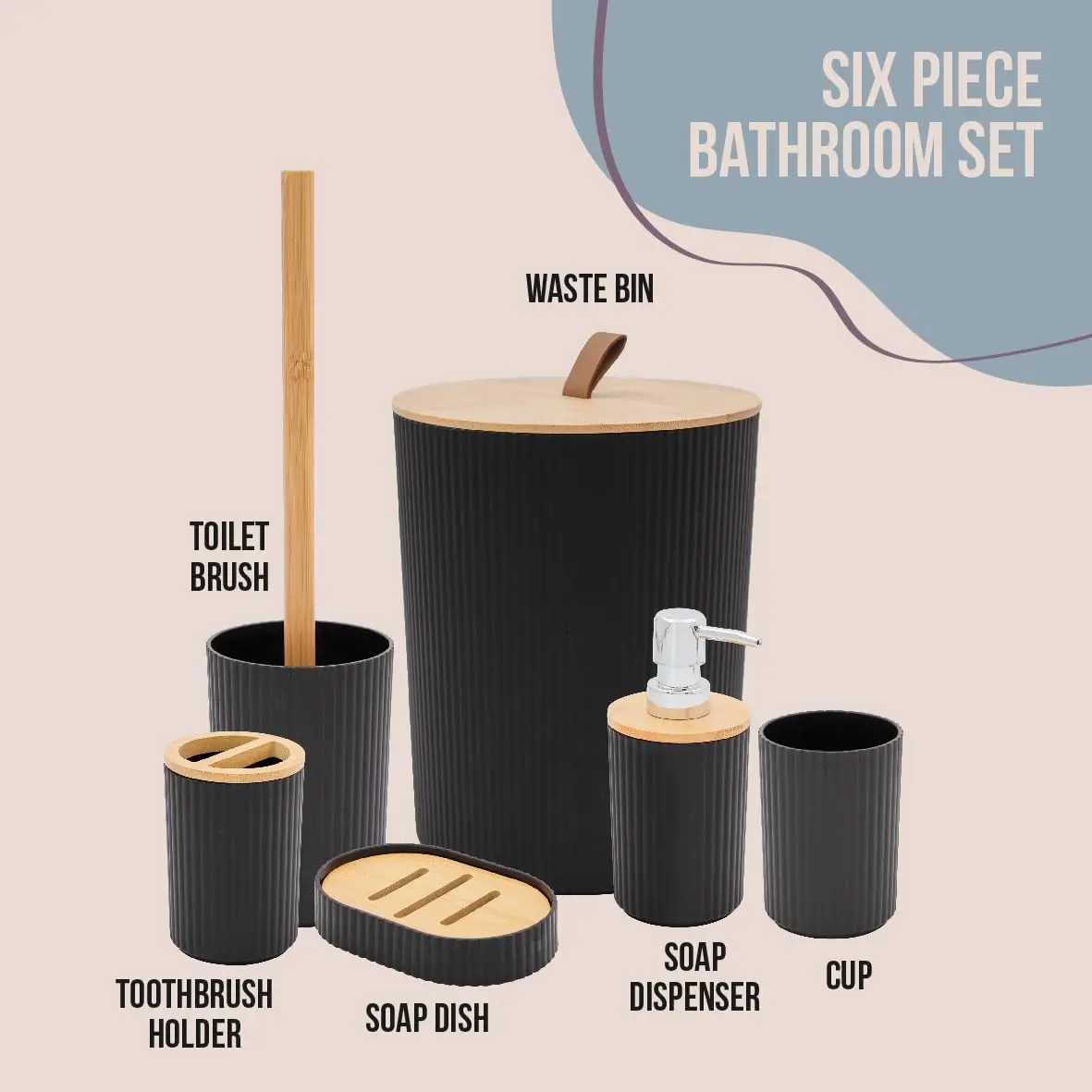 UNTIOR 6-Piece Bamboo Bathroom Accessory Set Lotion Bottles Toothbrush Holder Toothbrush Holder Soap Dish Toilet Brush Bin