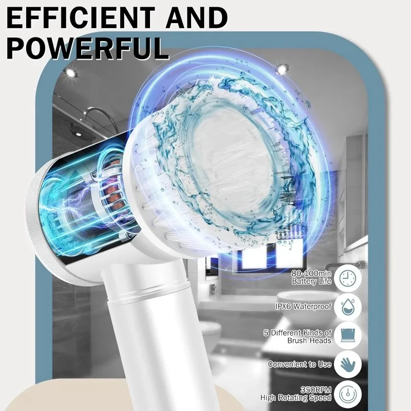 Electric Cleaning Brush Bathroom Spin Scrubber Power Scrubber With 5 Replaceable Heads Wireless Kitchen Cleaning Tool
