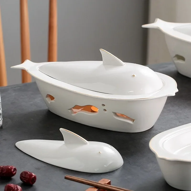 Phnom Penh Club Private Cuisine Ceramic Tableware Household Steamed Fish Plate Hotel Candle Insulation Heating Puffer Fish Plate