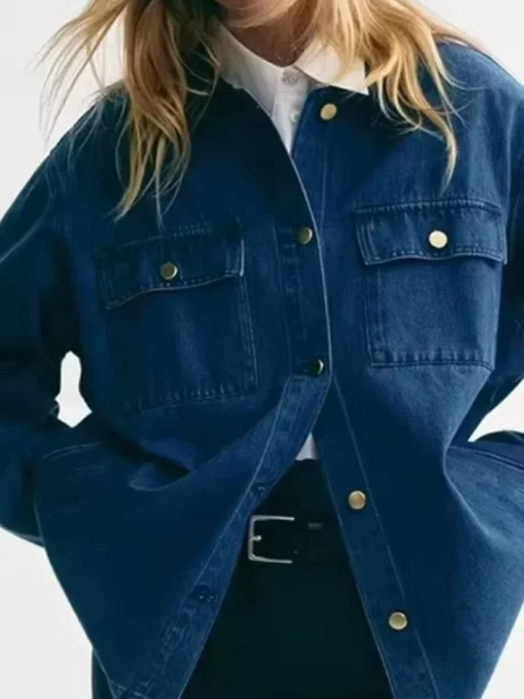 

Retro Contrast Lapel Denim Jacket Women Fashion Single Breasted V-neck Long Sleeve Jackets 2026 New Lady Spring Autumn Outwears