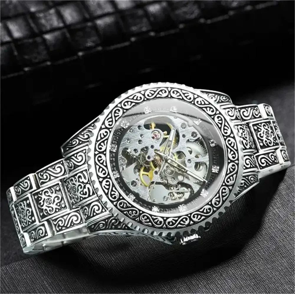 Forsining 378B Reloj de pulsera mecánico automático para hombre, resistente al agua, de acero inoxidable, con diamantes, dorado, Vintage