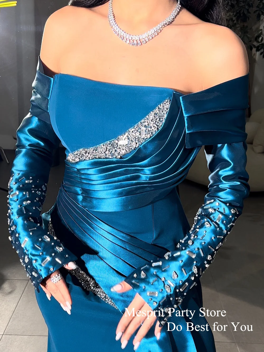 Mesprit Blue Evening Dress Beads Long Sleeves Boat Neck Pleat Ankle Length Mermaid Formal Party Gown Custom Prom Dresses