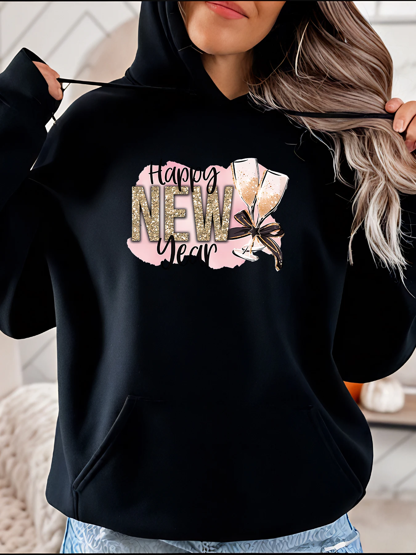 Moletom feminino com capuz de ano novo com glitter champanhe torrada estampado moletom casual roupa de festa para mulheres