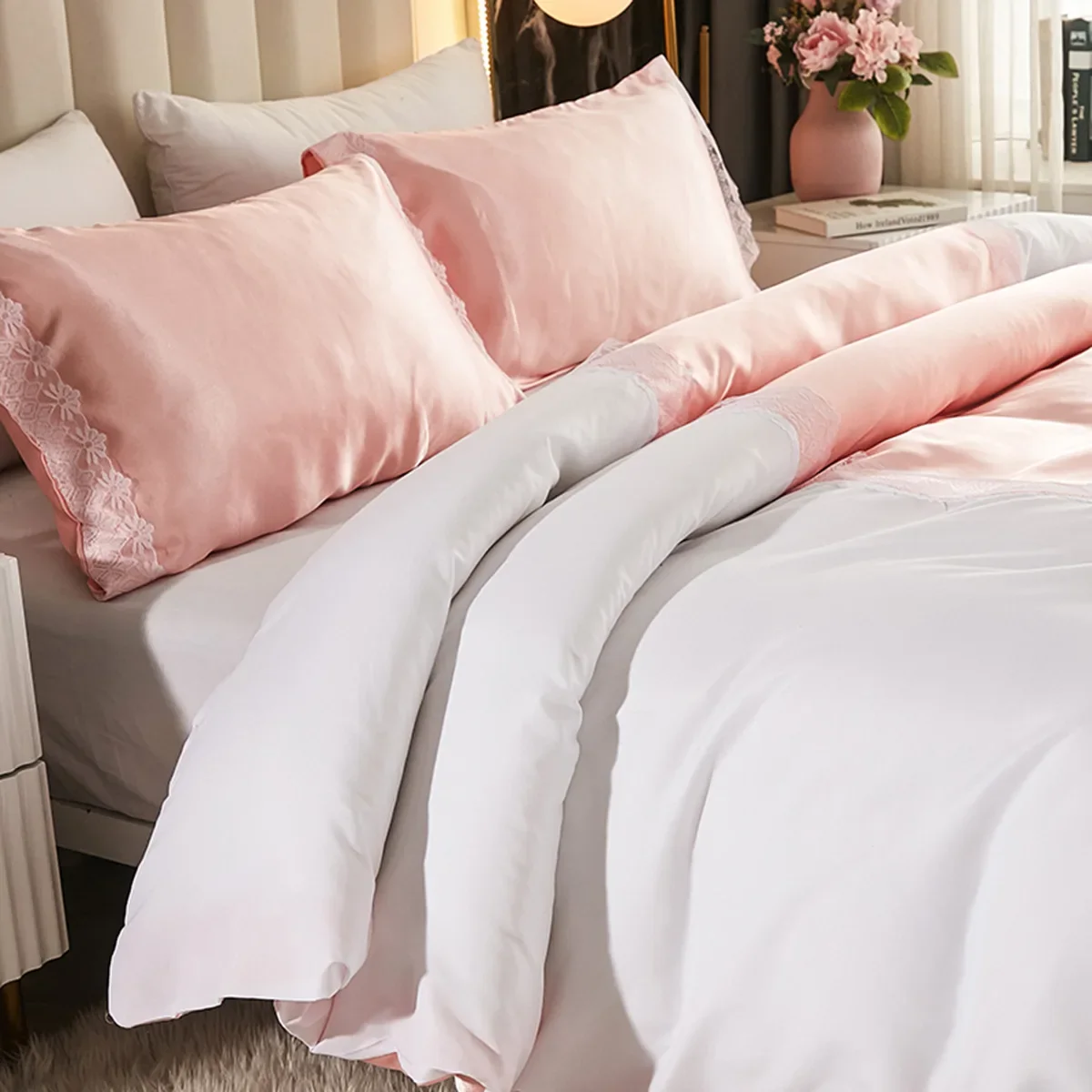 Duvet Cover Set 3 Pieces Bedding Set Elastic Silk Like Satin Vertical Stripe Lace Include Pillowcases No Comforter