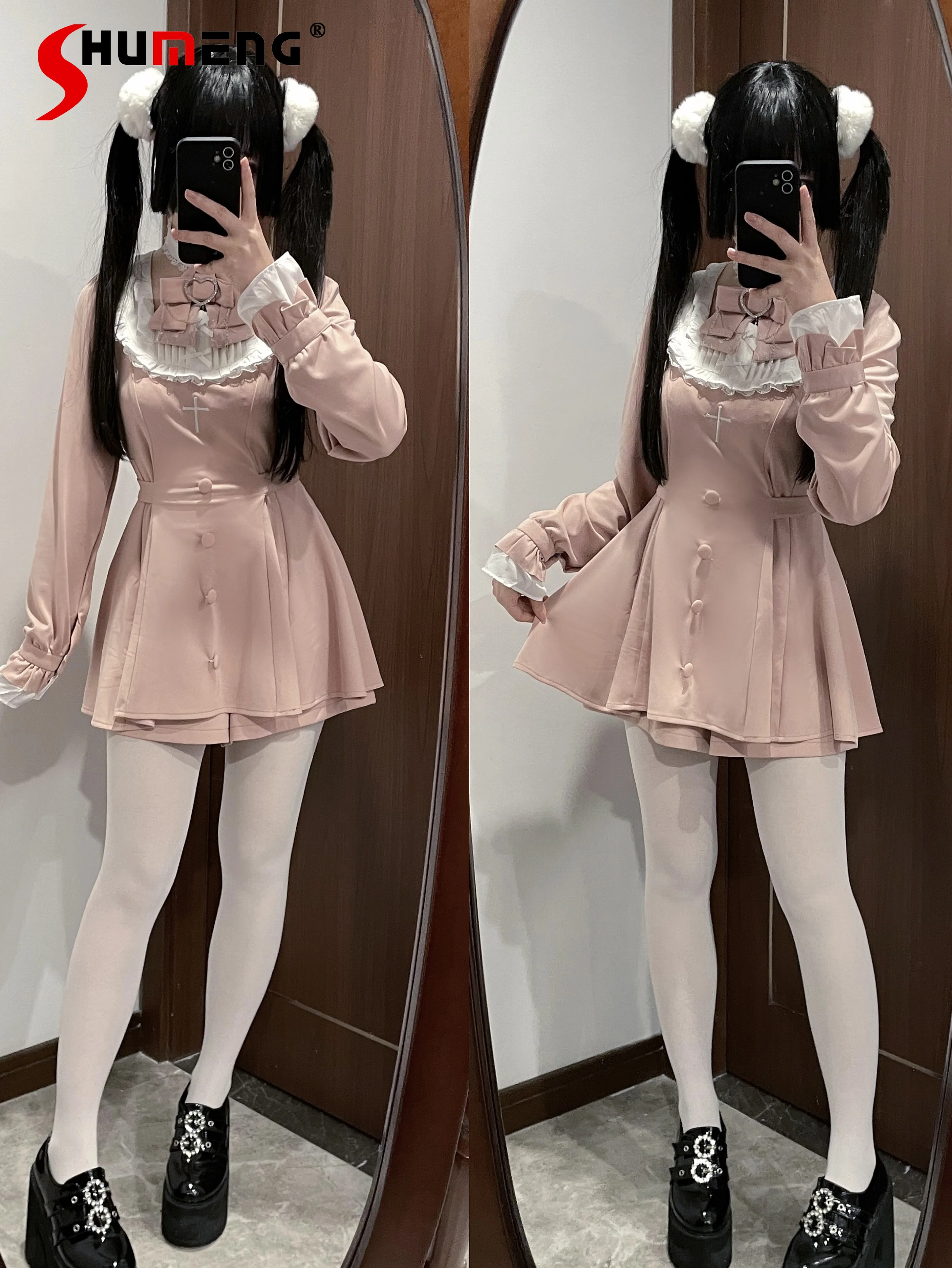 Japanese Style Dress Outfit Mine Massed Produced Lace Long Sleeve Embroidered Cinched Patchwork Clothing and Shorts Set 2 Pieces