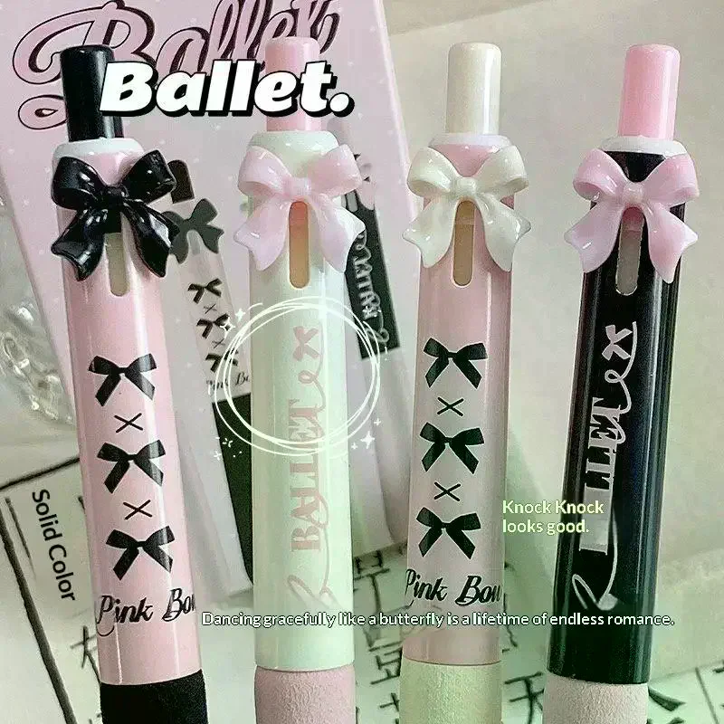 4Pcs Cartoon Neutral Pen Bow Design Press Type 0.5mm Quick Drying Soft Grip Student Writing Pen