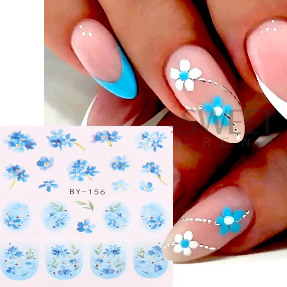 12pc French Designs Nail Stickers Small Flower Gradient Floral Water Slider Nails Gel Decals Tips DIY Manicure Decor Accessories