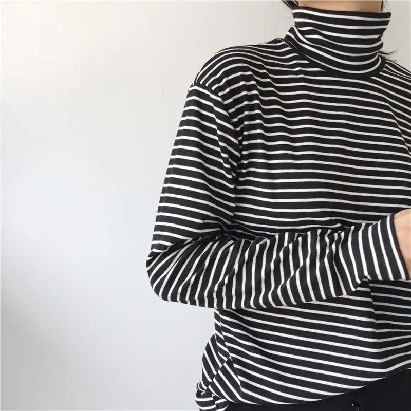 Ladies T-shirts Striped Slim Full Sleeves Tees For Womens Fashion Casual Basic Chiffon Tops