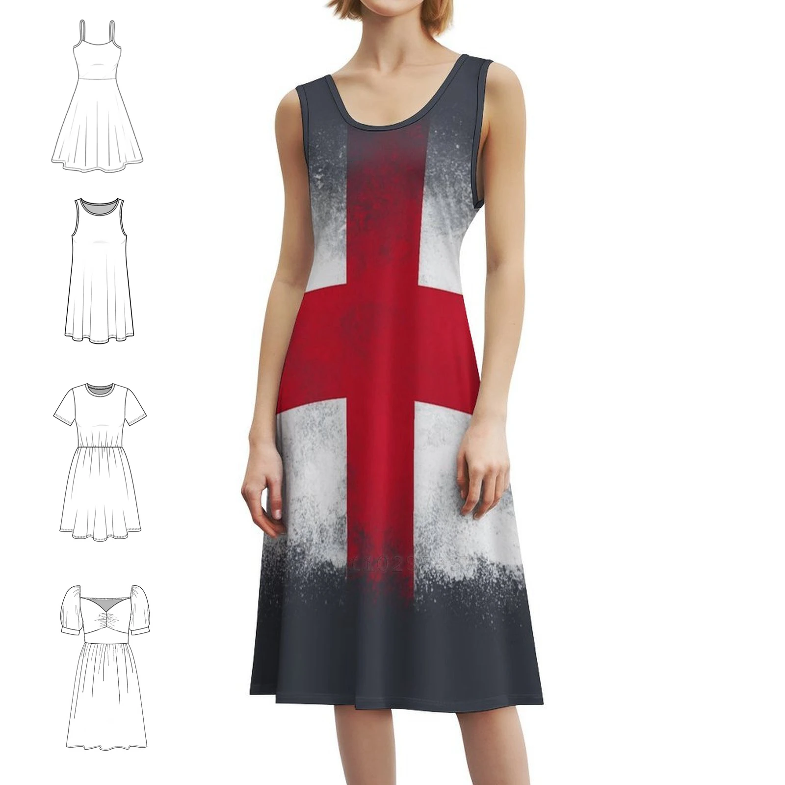 فستان قصير على طراز بريبي بعلم إنجلترا للنساء على شكل حرف a فضفاض مناسب فستان يوم غير رسمي علم إنجلترا علامة متقاطعة رمز ملابس نسائية #1