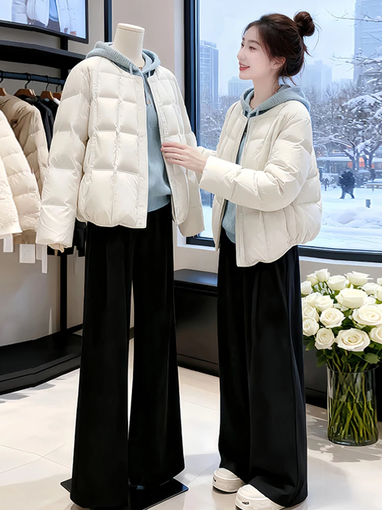 

Korean Style round Neck Cotton Jacket Women's Short Warm Coat Spring Autumn Winter Fashionable Commute Loose Fit Polyester Fiber
