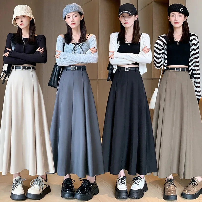 

Belt Suit Pleated Skirt Skirt Women's Spring and Autumn New High Waist and Thin Elegant Temperament A Word Medium and Long Skirt