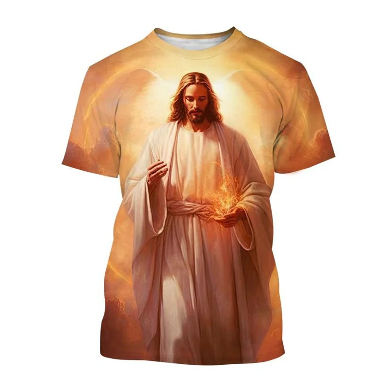 Christian God Jesus T Shirt Men 3d Print Christian Painting Summer Tees Fashion Round Neck Short Sleeve Loose Street T-Shirt