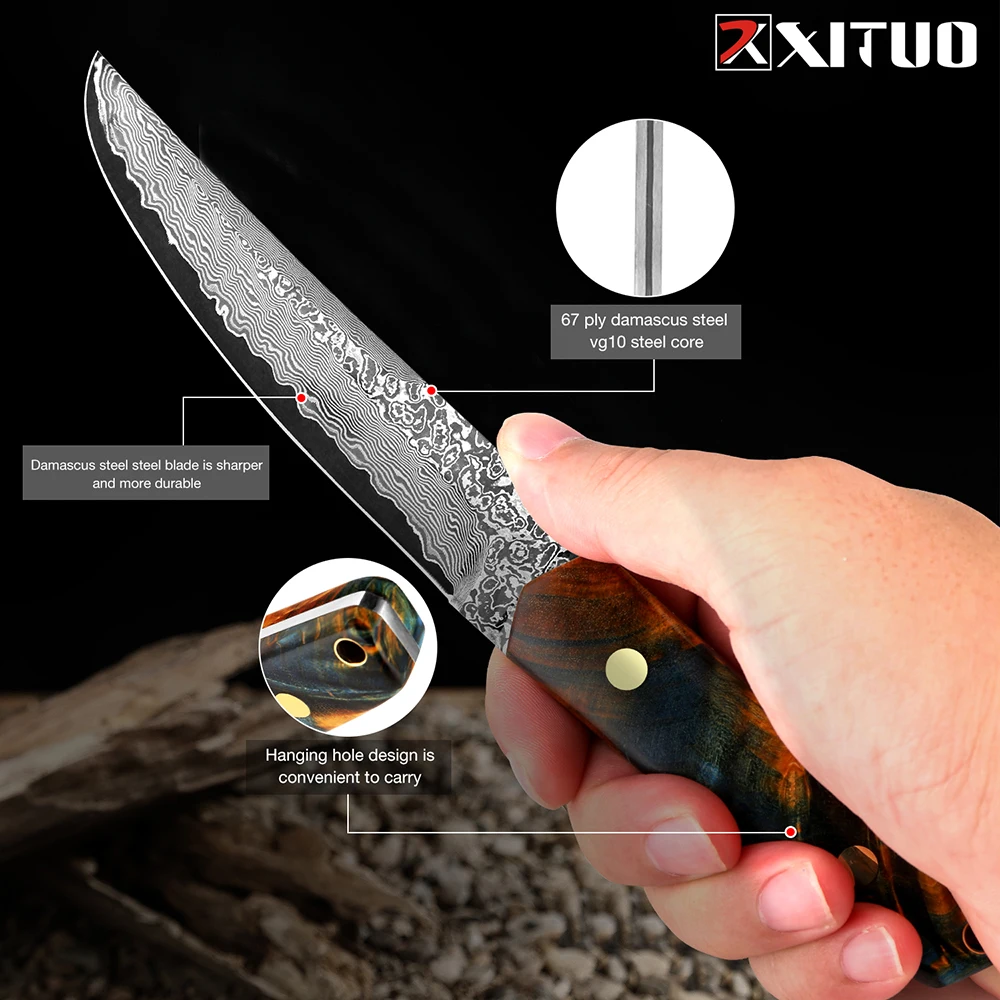 Damascus Steel Kitchen utility knife 5 inch Full Tang Blade Super sharp Japanese VG10 Knife Ergonomic Stabilised wood handle