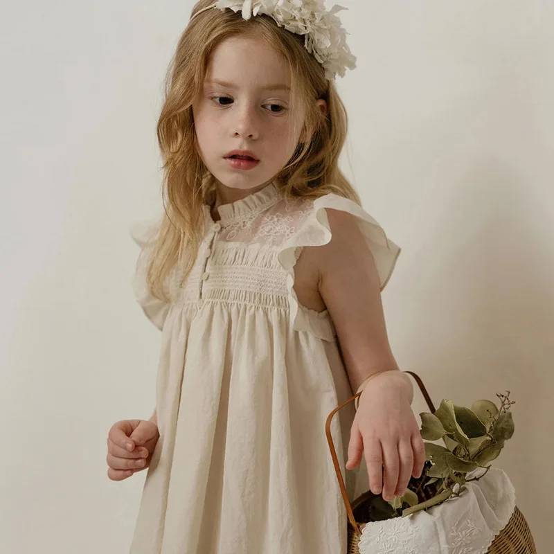 Vestido de algodón puro hecho a mano para niñas, bordado a mano, mangas voladoras, ropa Beige, cumpleaños, príncipe, vestidos de verano, novedad de